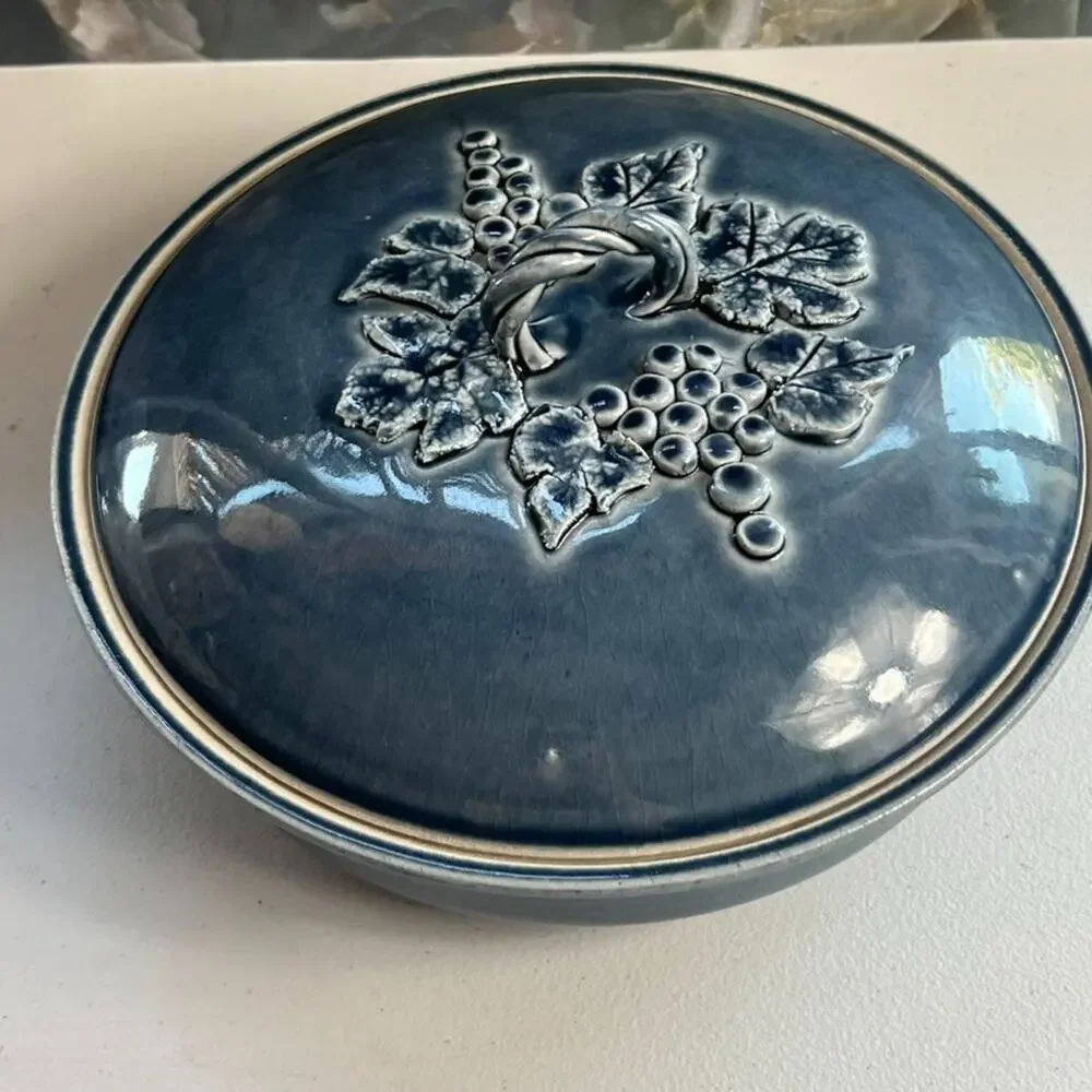 Blue Lidded Pot Casserole Serving Dish Grapes Leaves Handmade & Signed Glazed